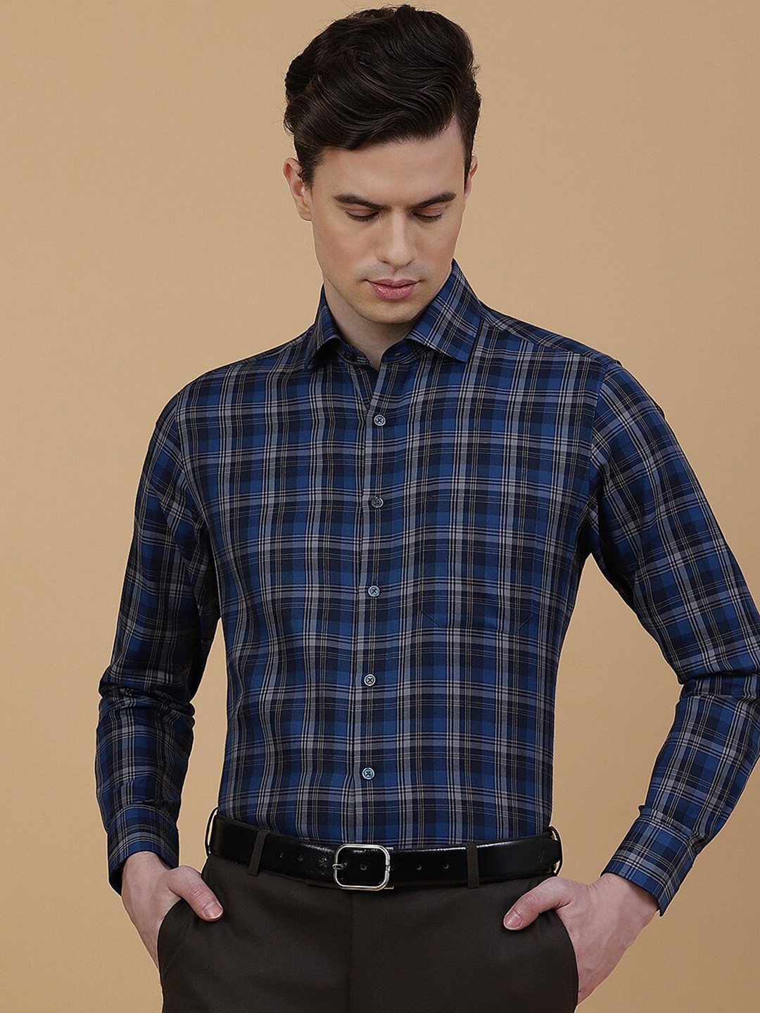 

Greenfibre Tartan Checked Slim Fit Cotton Opaque Formal Shirt, Blue