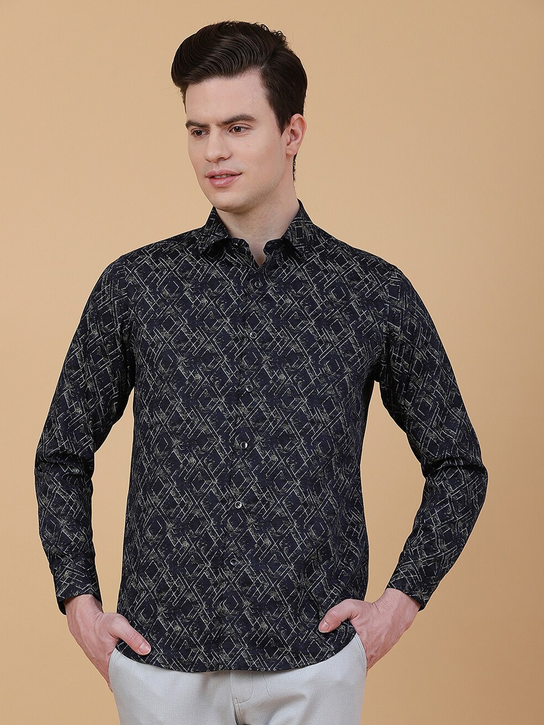 

Greenfibre Abstract Printed Slim Fit Opaque Cotton Partywear Shirt, Navy blue