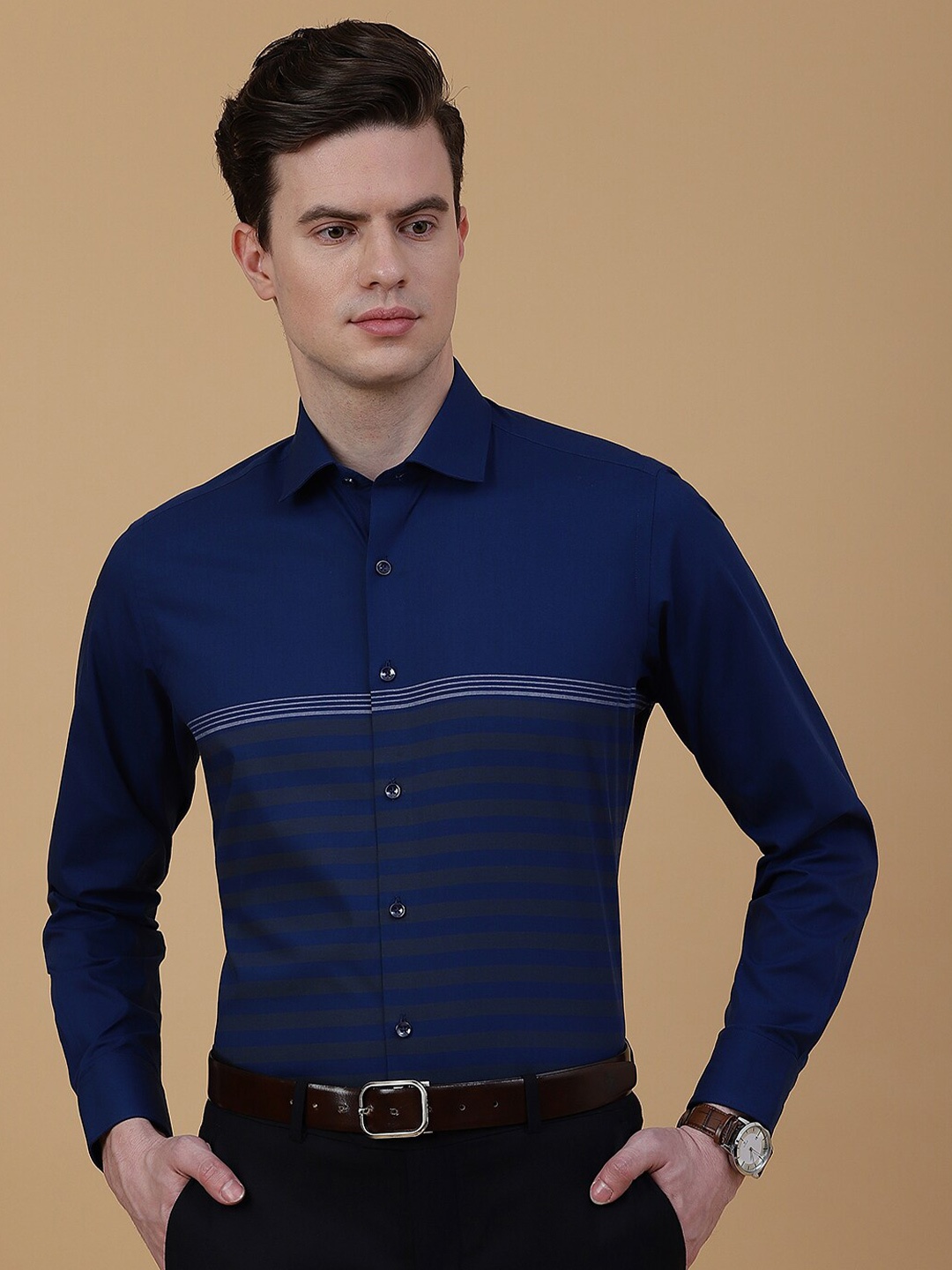 

Greenfibre Slim Fit Horizontal Stripes Opaque Cotton Formal Shirt, Navy blue