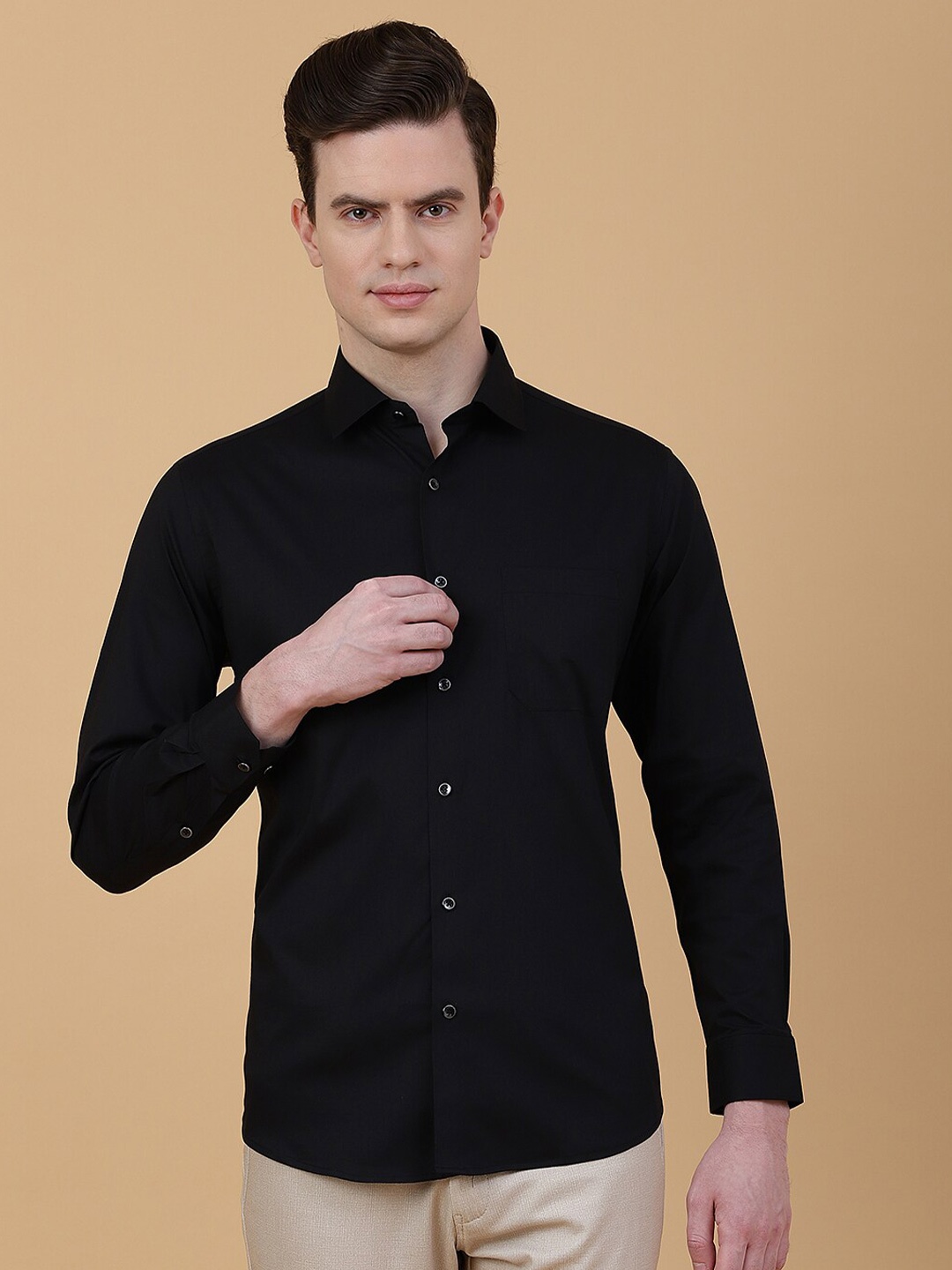 

Greenfibre Slim Fit Spread Collar Opaque Cotton Partywear Shirt, Black