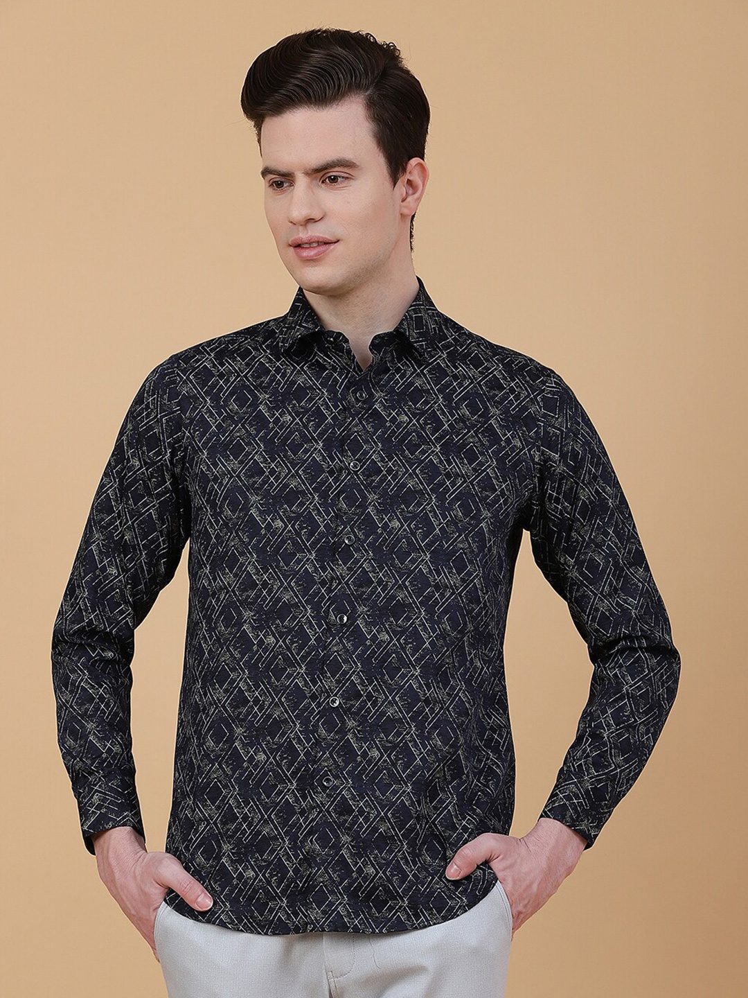 

Greenfibre Abstract Printed Slim Fit Opaque Cotton Partywear Shirt, Navy blue