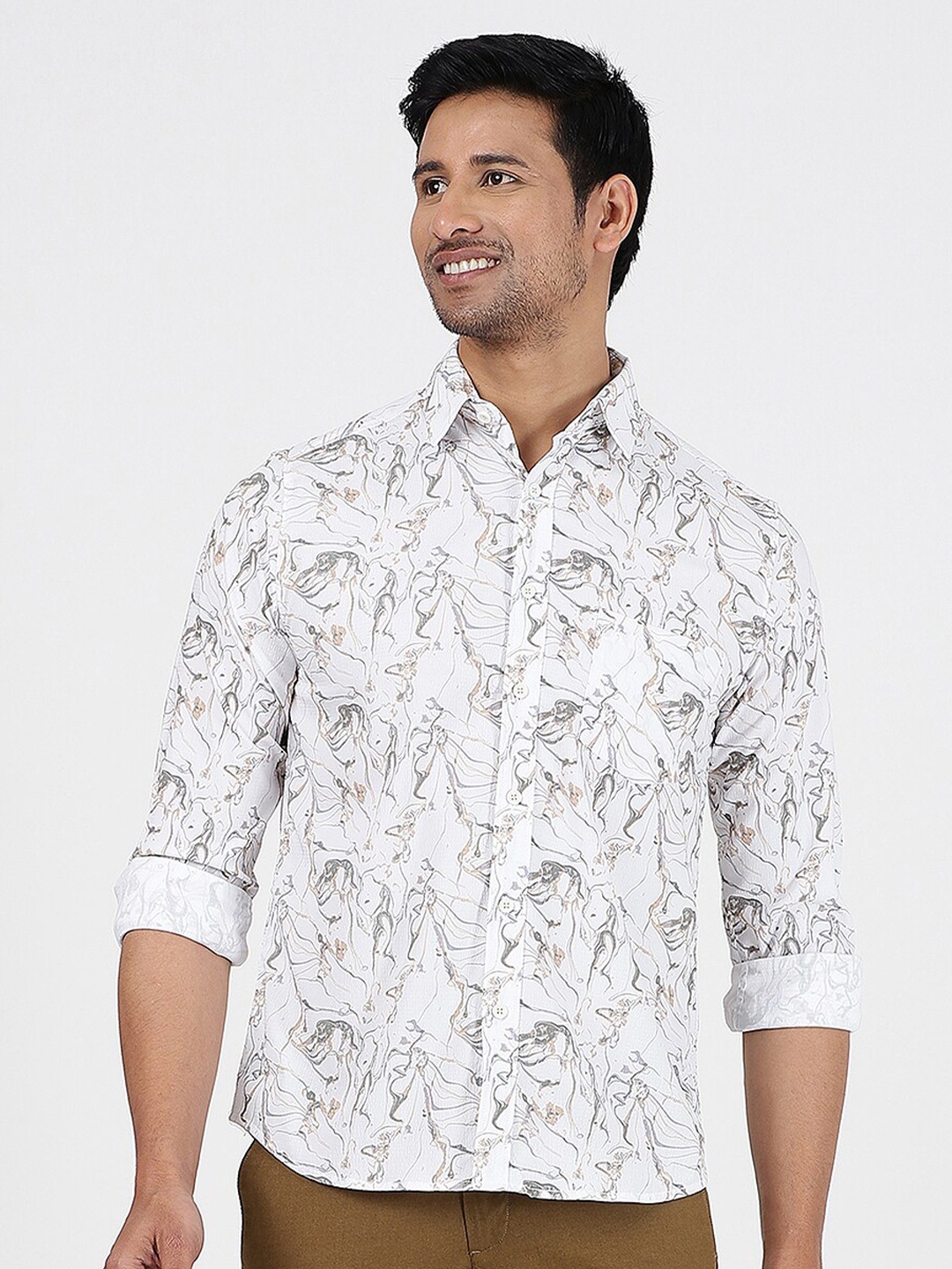 

Greenfibre Abstract Printed Slim Fit Cotton Casual Shirt, White
