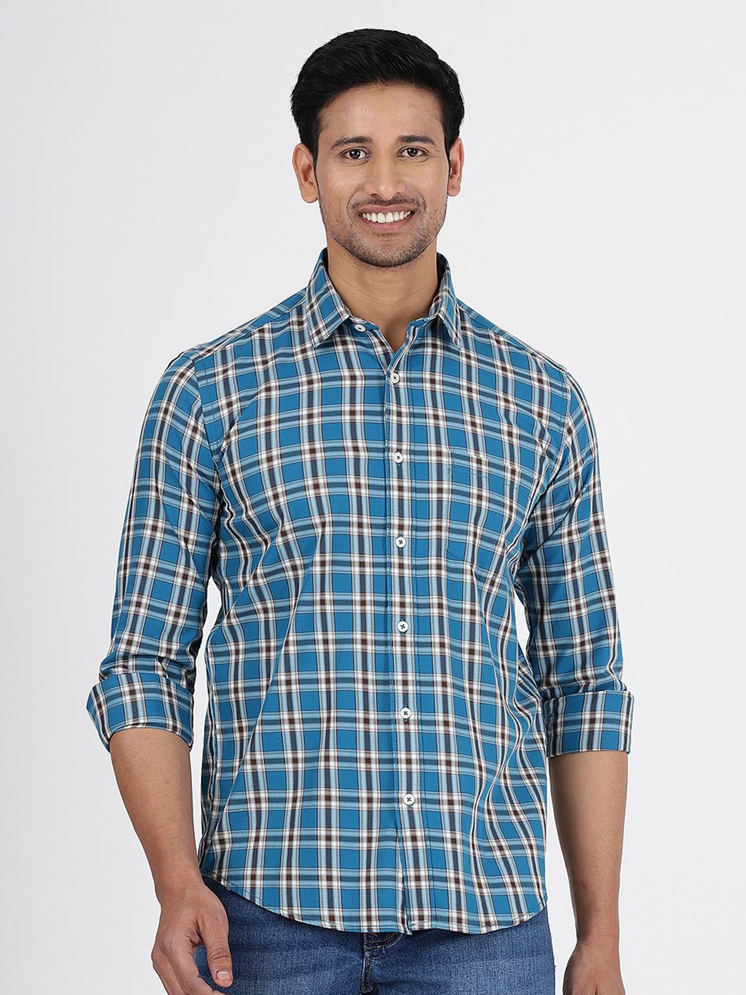 

Greenfibre Checked Spread Collar Cotton Shirt, Blue