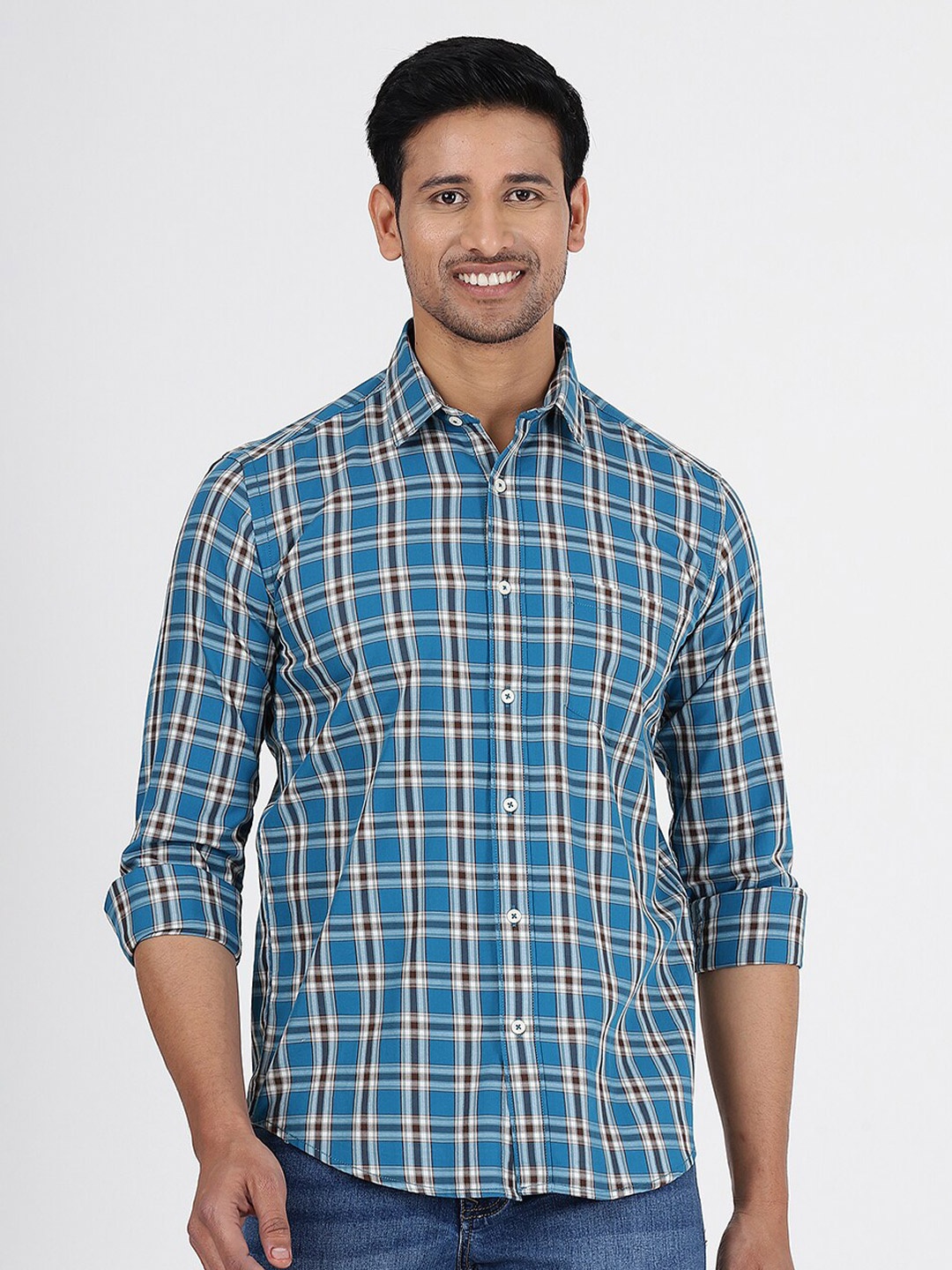 

Greenfibre Checked Spread Collar Opaque Casual Shirt, Blue