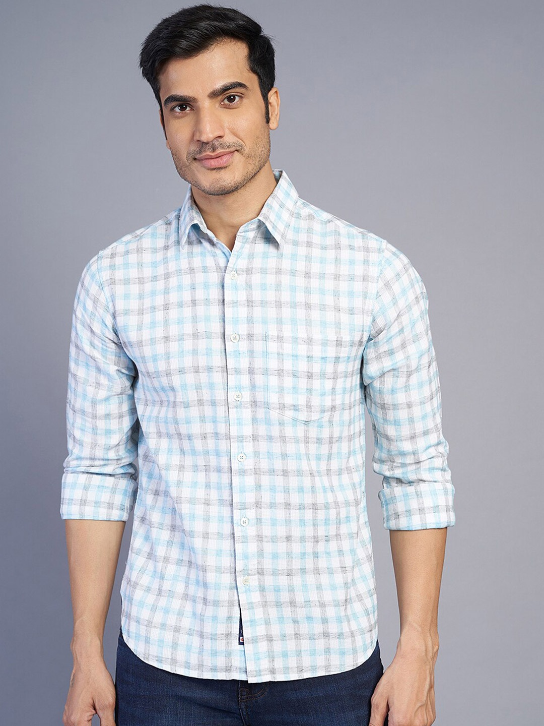

Greenfibre Men Slim Fit Checked Printed Spread Collar Cotton Shirt, Blue