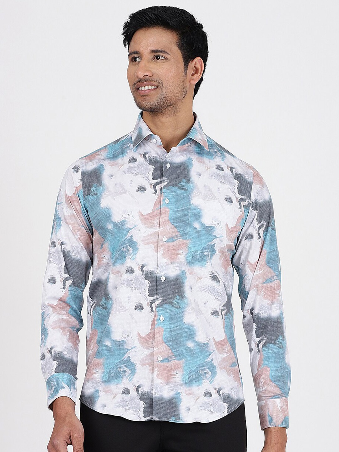 

Greenfibre Slim Fit Abstract Printed Spread Collar Cotton Shirt, White