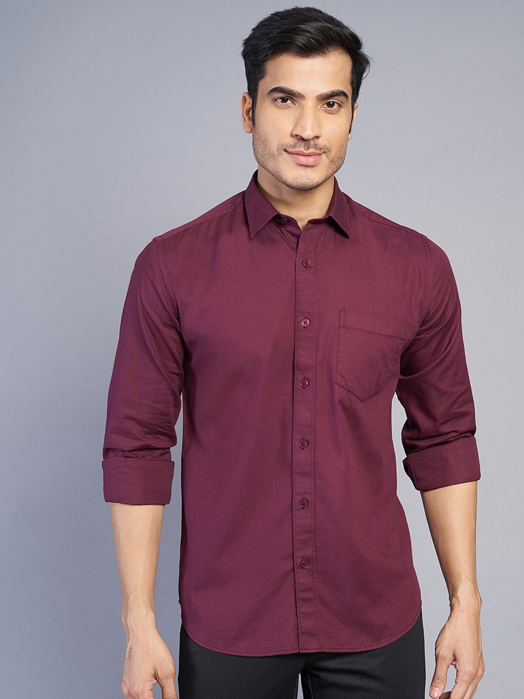 

JADE BLUE Spread Collar Slim Fit Cotton Casual Shirt, Maroon
