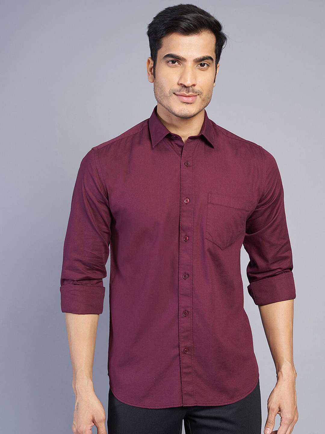 

JADE BLUE Spread Collar Slim Fit Cotton Casual Shirt, Maroon