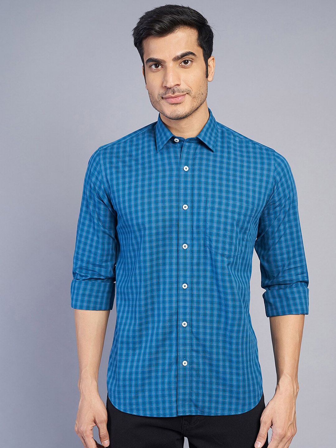 

JADE BLUE Slim Fit Gingham Checked Spread Collar Casual Shirt