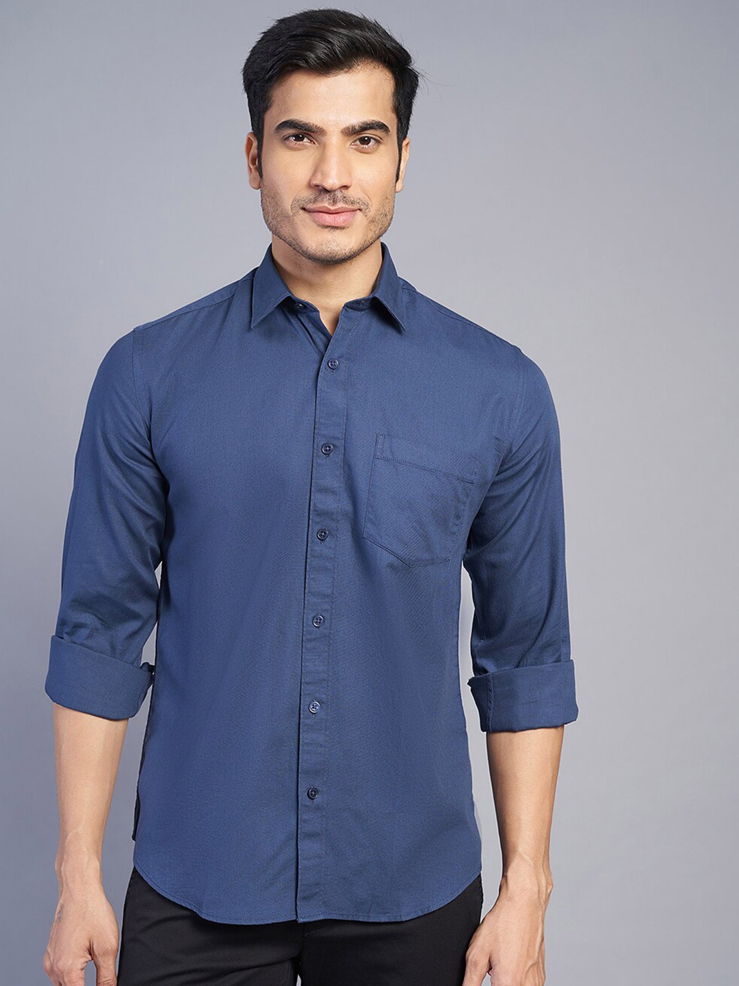 

JADE BLUE Slim Fit Spread Collar Long Sleeves Cotton Casual Shirt, Navy blue