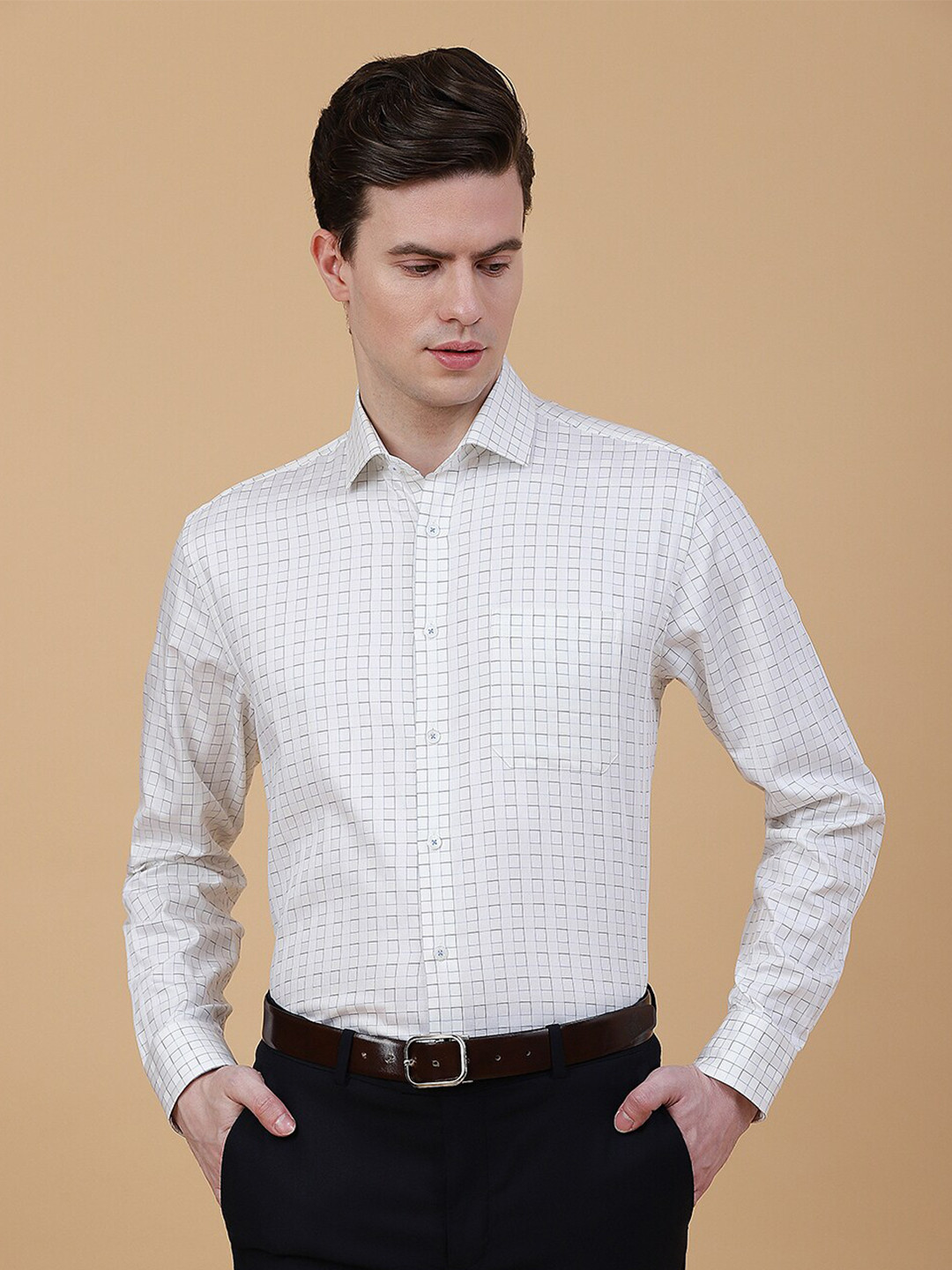 

JADE BLUE Grid Tattersall Checks Checked Cotton Formal Shirt, Off white
