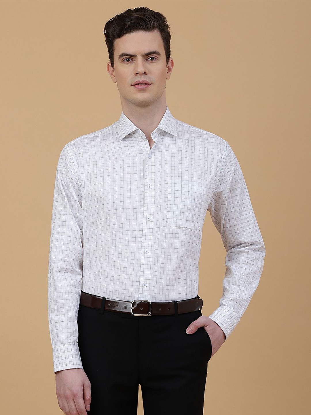 

JADE BLUE Grid Tattersall Checked Spread Collar Cotton Formal Shirt, White