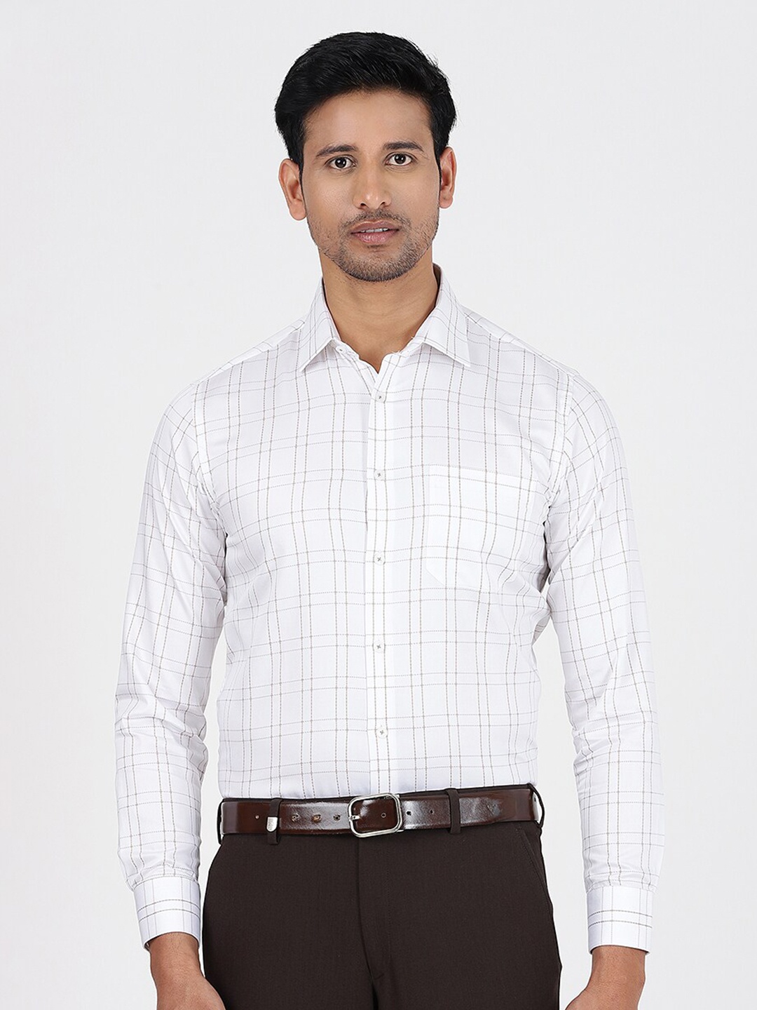 

JADE BLUE Grid Tattersall Checks Checked Slim Fit Cotton Formal Shirt, White