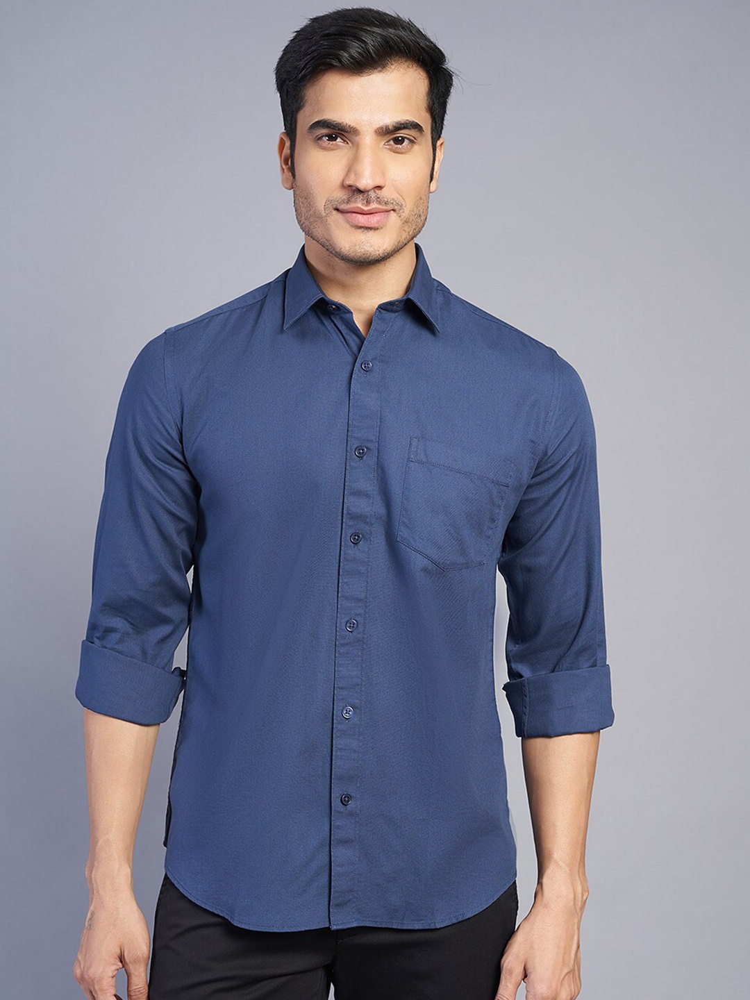 

JADE BLUE Spread Collar Slim Fit Cotton Casual Shirt, Navy blue