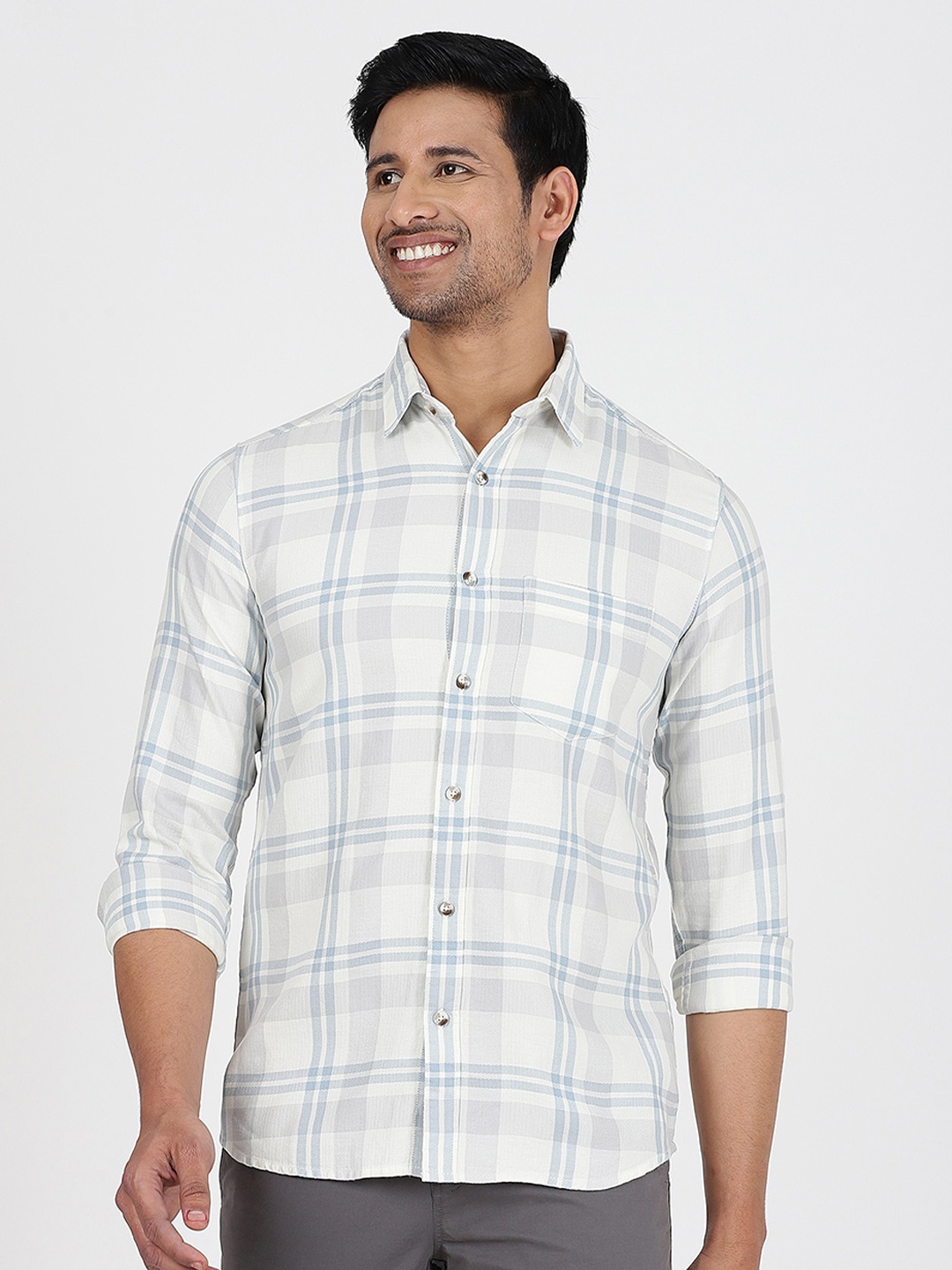 

JADE BLUE Slim Fit Tartan Checked Spread Collar Cotton Casual Shirt, Grey