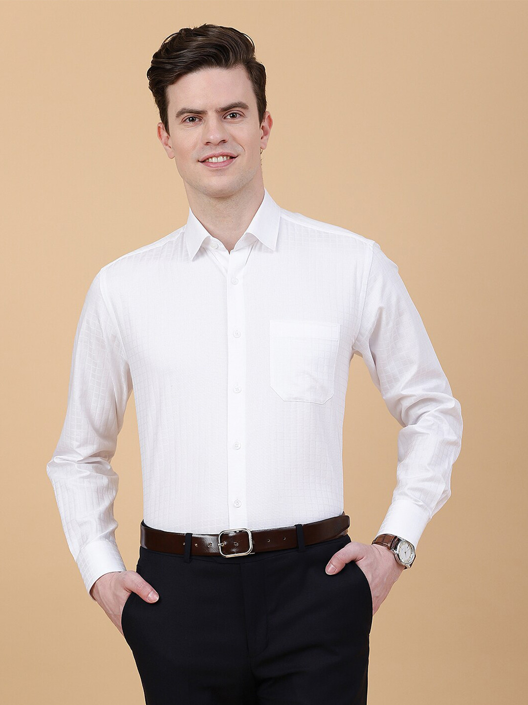 

JADE BLUE Self Design Textured Spread Collar Cotton Formal Shirt, White