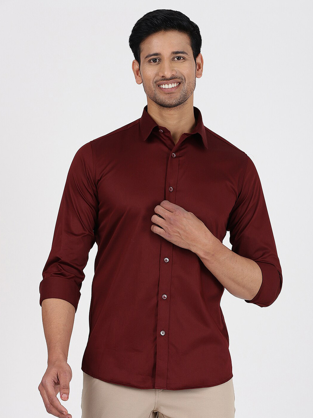 

JADE BLUE Spread Collar Slim Fit Cotton Casual Shirt, Maroon