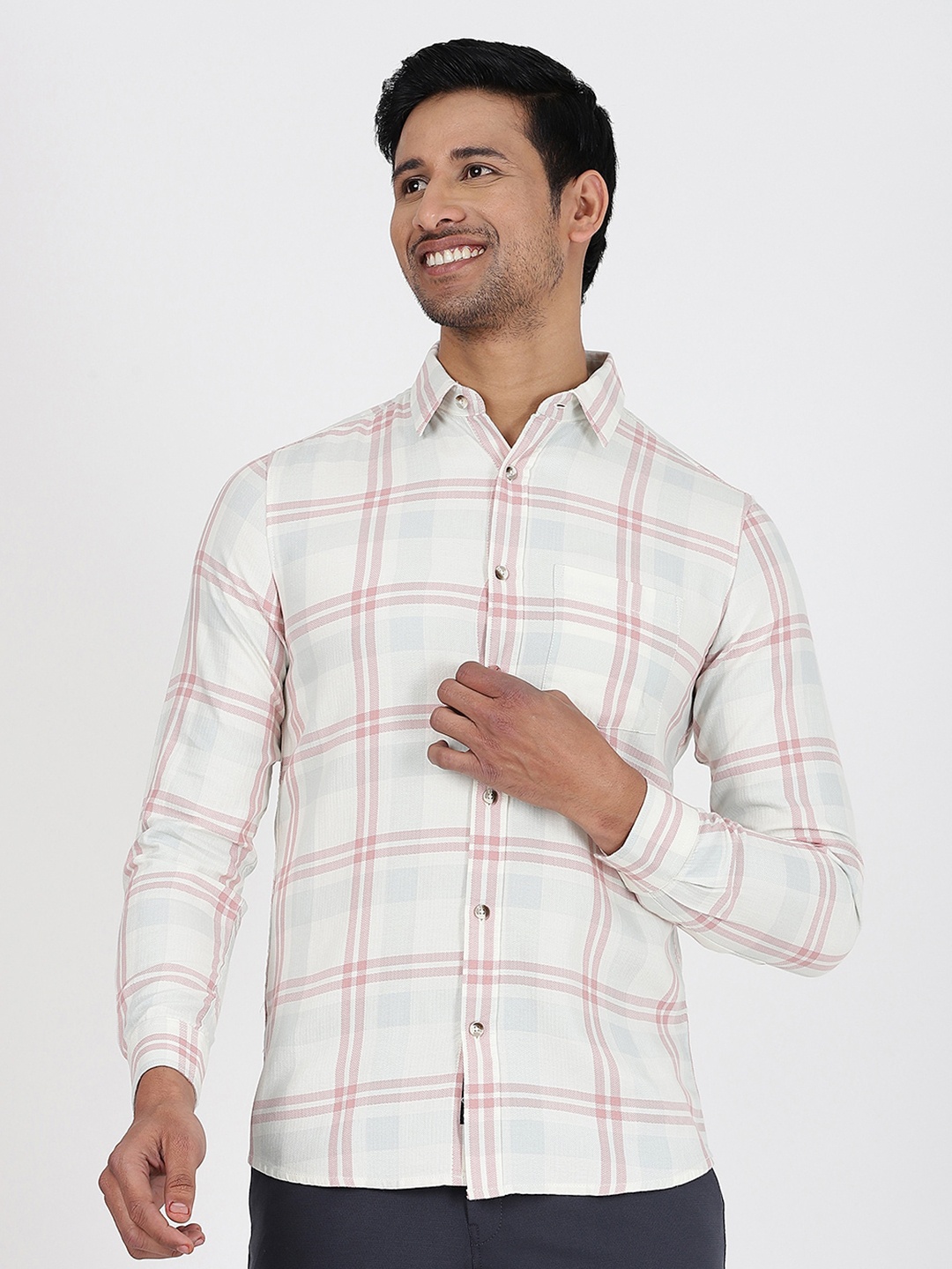 

JADE BLUE Slim Fit Windowpane Checked Spread Collar Cotton Casual Shirt, Pink