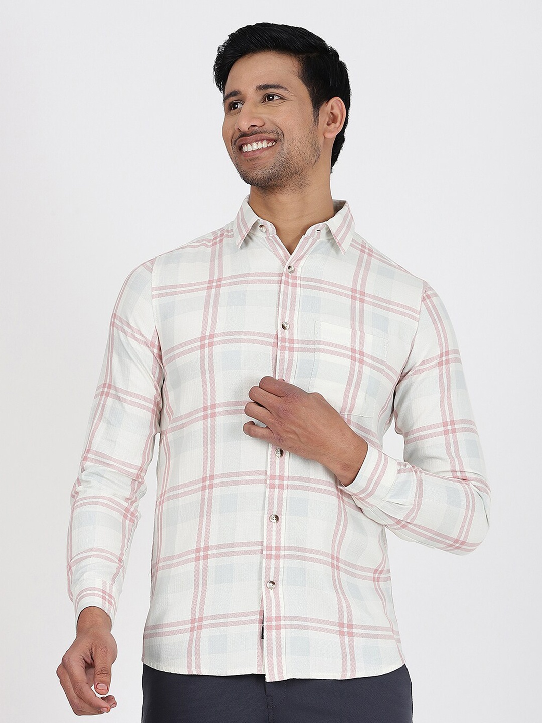 

JADE BLUE Windowpane Checks Checked Slim Fit Cotton Casual Shirt, Pink
