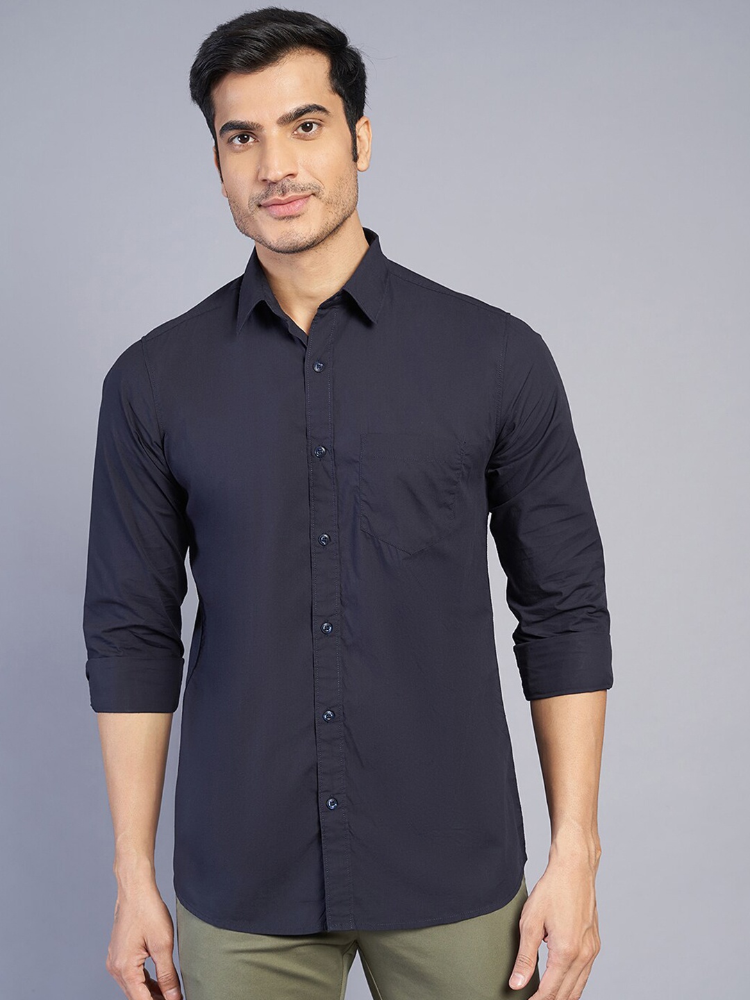 

JADE BLUE Slim Fit Spread Collar Long Sleeves Cotton Casual Shirt, Navy blue