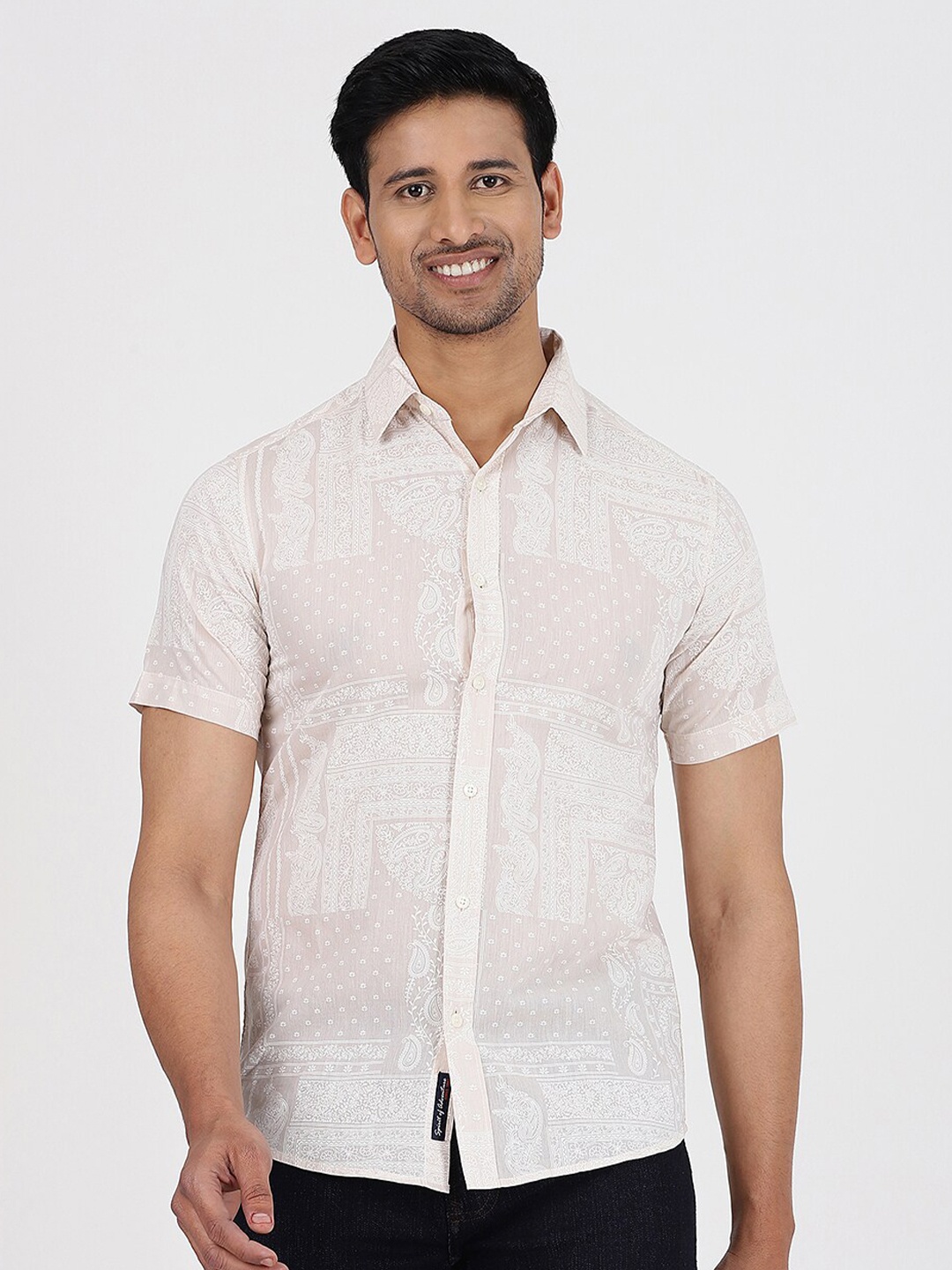 

JADE BLUE Slim Fit Ethnic Motifs Printed Spread Collar Cotton Casual Shirt, Off white