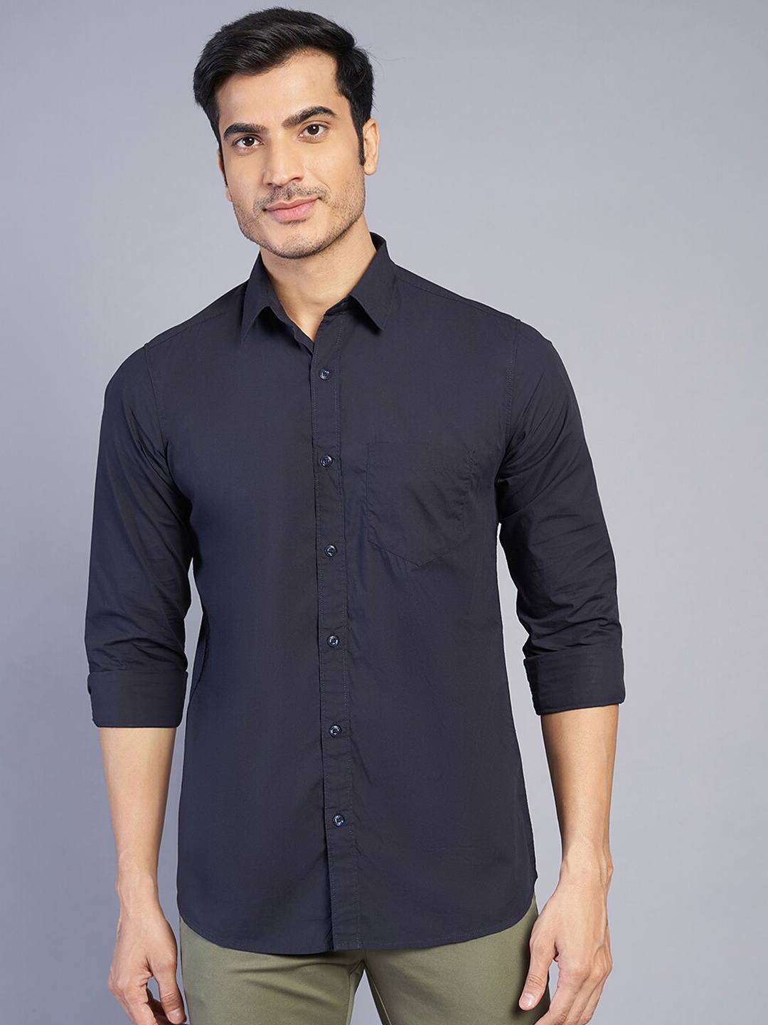 

JADE BLUE Slim Fit Spread Collar Long Sleeves Opaque Cotton Casual Shirt, Navy blue