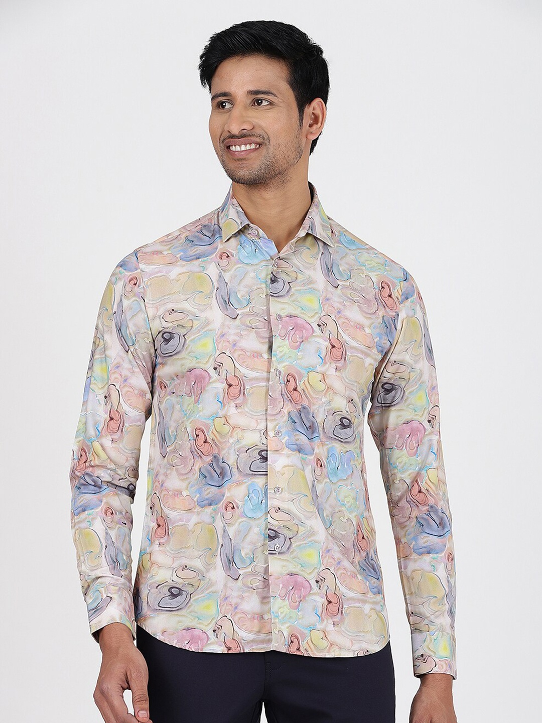 

JB STUDIO Slim Fit Long Sleeves Spread Collar Cotton Floral Opaque Printed Partywear Shirt, Off white