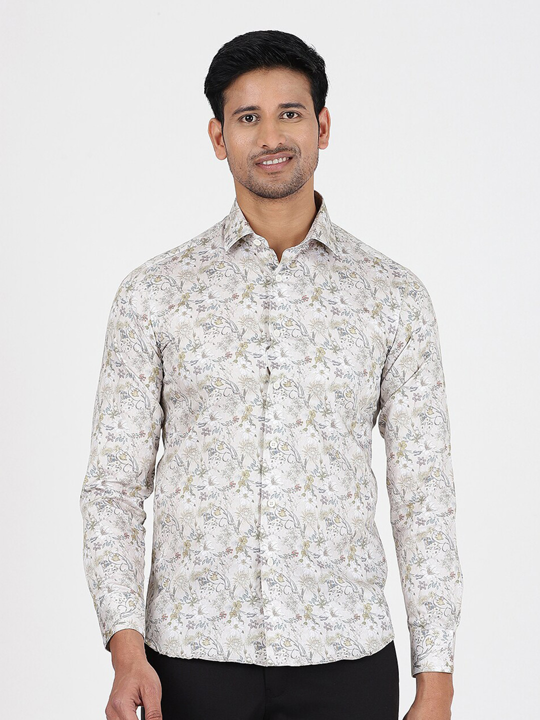 

JB STUDIO Slim Fit Floral Long Sleeves Spread Collar Cotton Opaque Printed Patywear Shirt, Cream