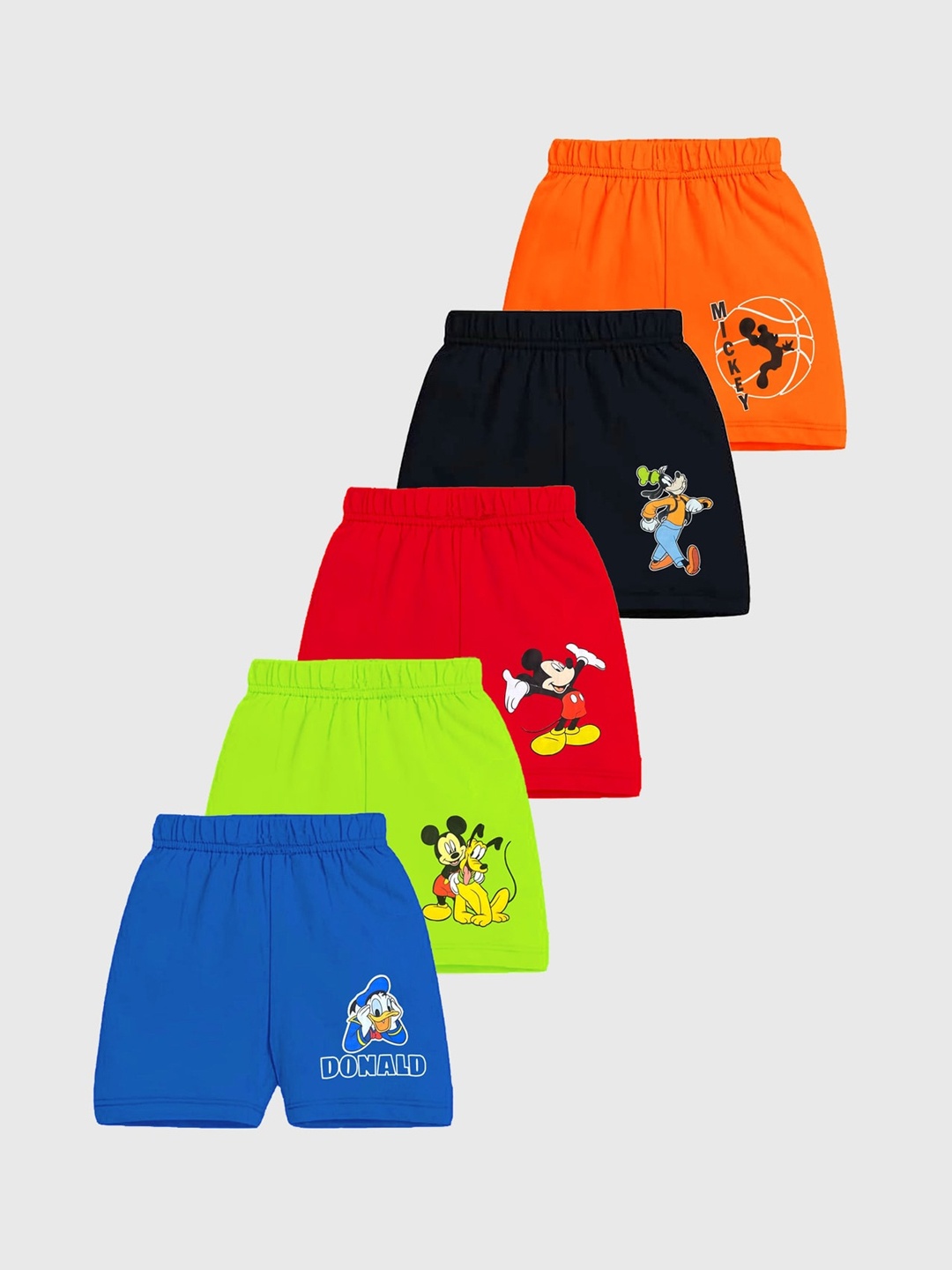 

KUCHIPOO Kids Pack Of 5 Mickey & Friends Printed Mid Rise Shorts, Red