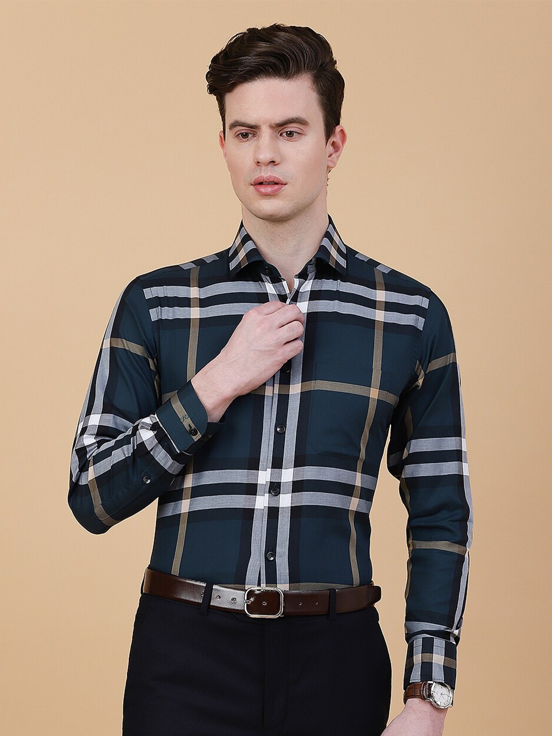 

METAL Slim Fit Tartan Checks Cotton Formal Shirt, Green
