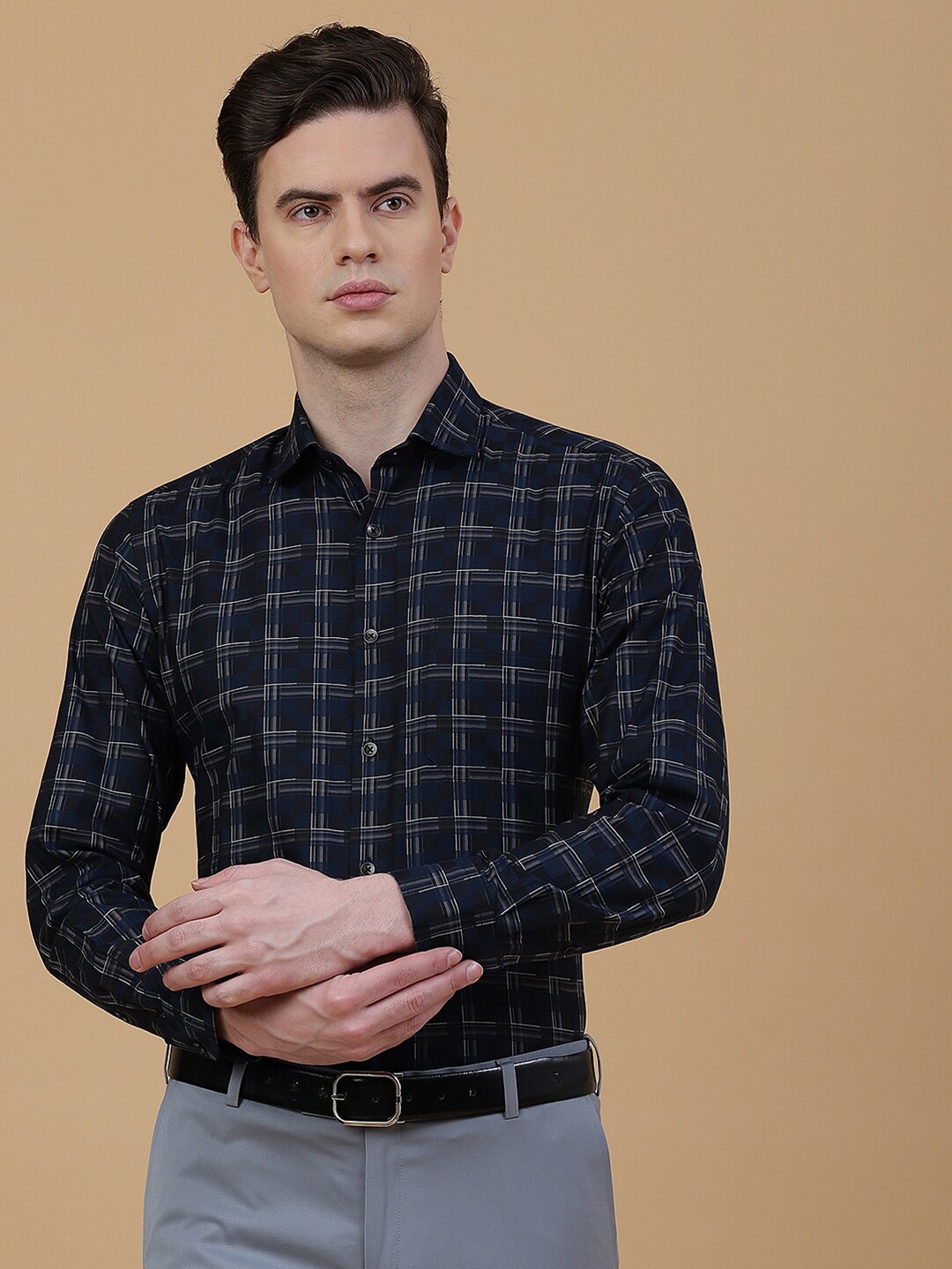

METAL Slim Fit Checked Cotton Formal Shirt, Navy blue