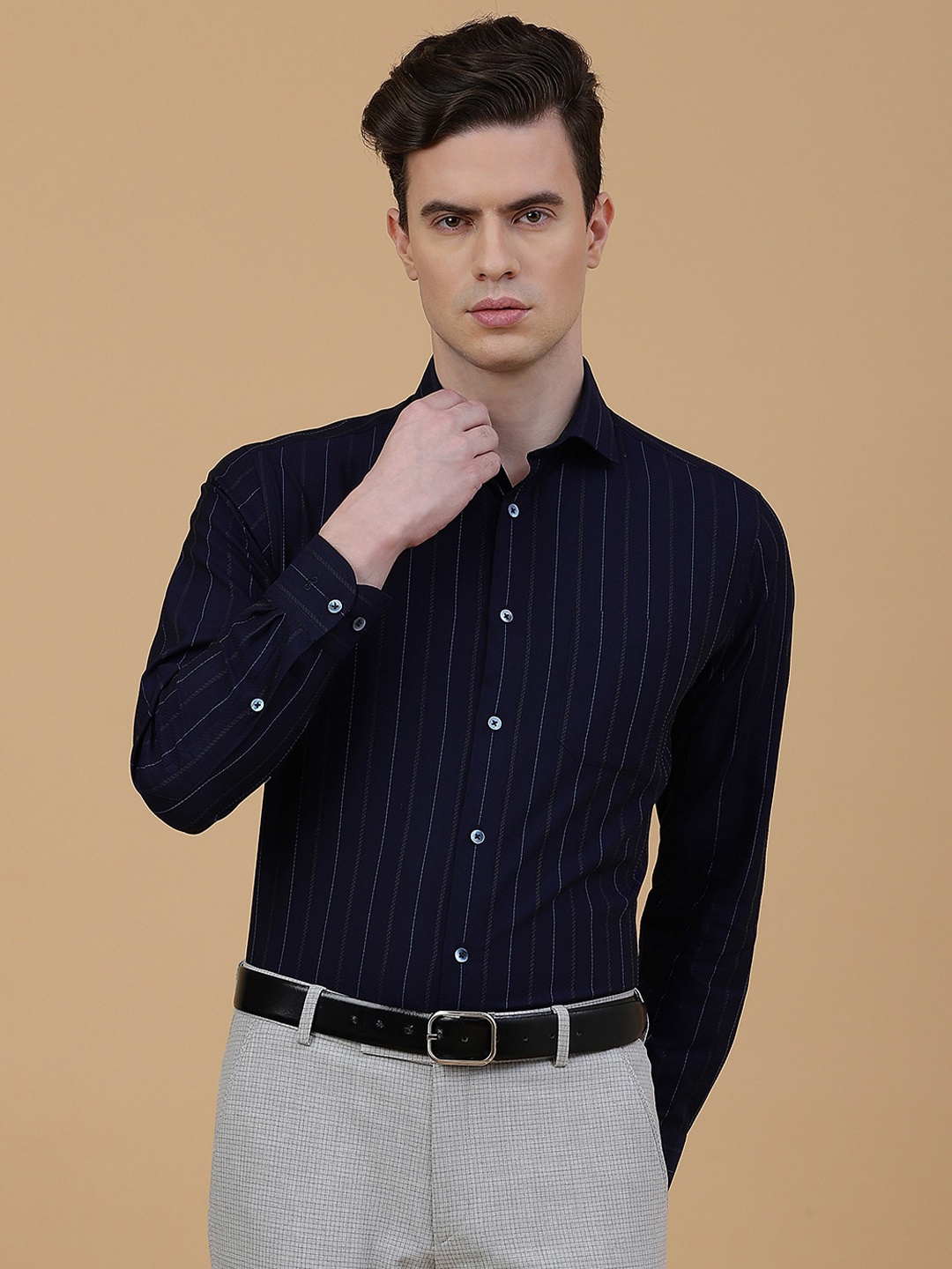 

METAL Slim Fit Striped Cotton Formal Shirt, Navy blue