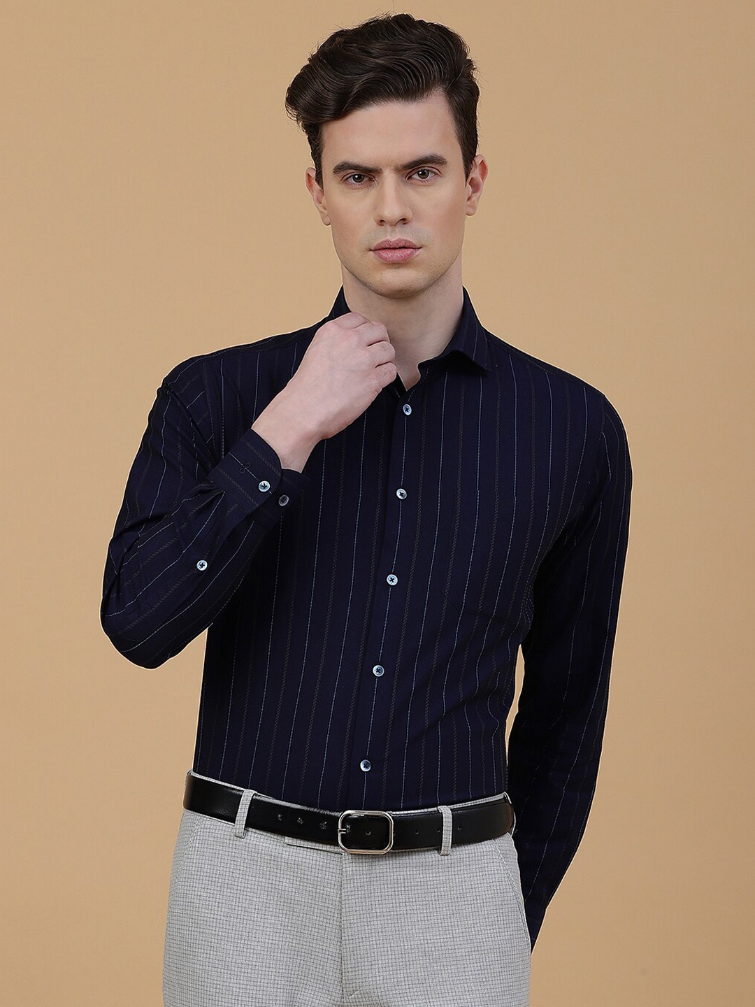 

METAL Slim Fit Striped Cotton Formal Shirt, Navy blue