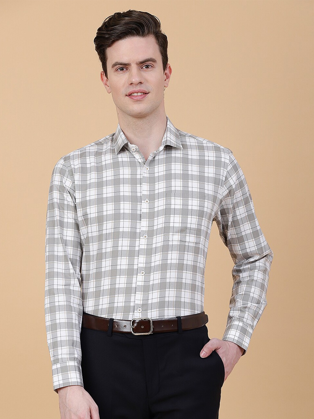 

METAL Men Slim Fit Cotton Checked Formal Shirt, Grey