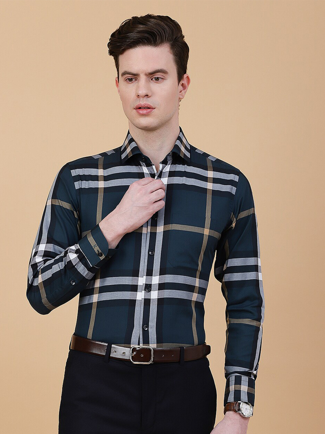 

METAL Slim Fit Tartan Checks Cotton Formal Shirt, Green