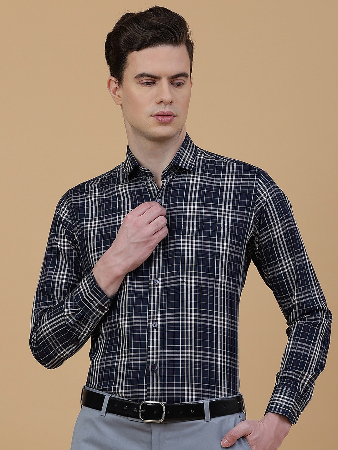 

METAL Slim Fit Tartan Checked Spread Collar Long Sleeves Cotton Formal Shirt, Navy blue