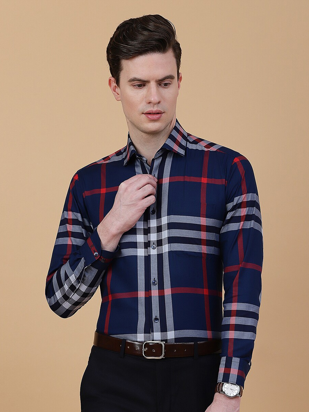 

METAL Tartan Checks Spread Collar Long Sleeves Slim Fit Cotton Formal Shirt, Navy blue