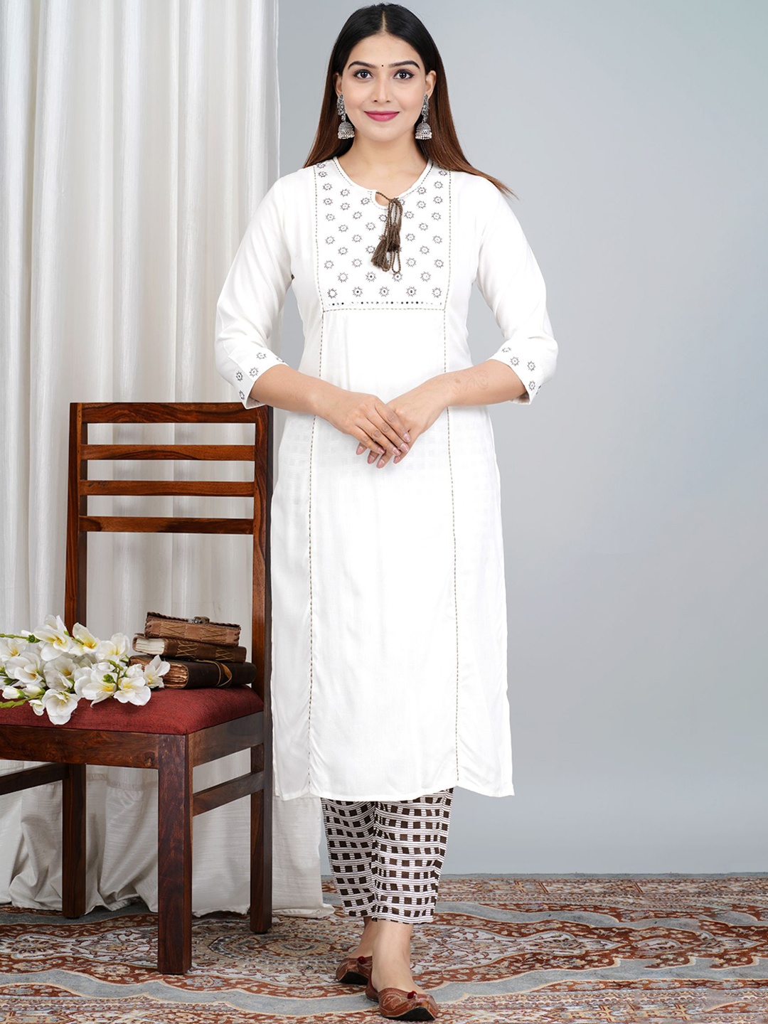 

PARIKSHIT Ethnic Motifs Printed Tie-Up Neck Straight Kurta with Palazzos & Dupatta, White