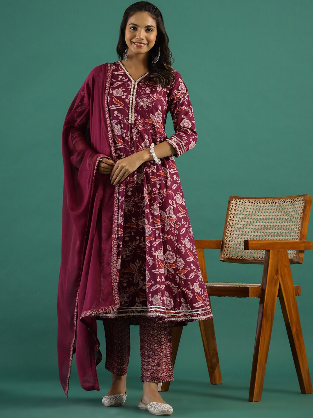 

Sangria Floral Printed Pure Cotton Anarkali Kurta With Trousers & Dupatta, Magenta