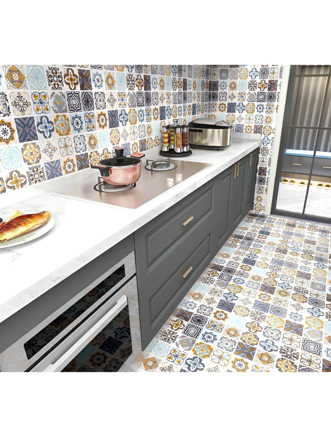 

Asian royal Blue & Brown Abstract Pattern Waterproof Self-Adhesive Floor Wallpaper