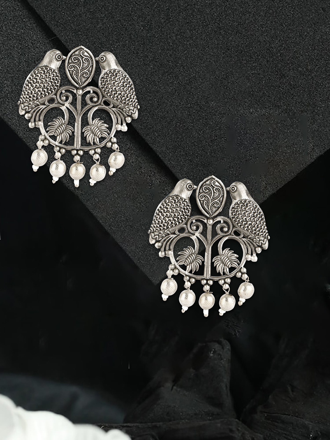 

Adwitiya Collection German Silver Plated Beaded Bird Drop Earrings