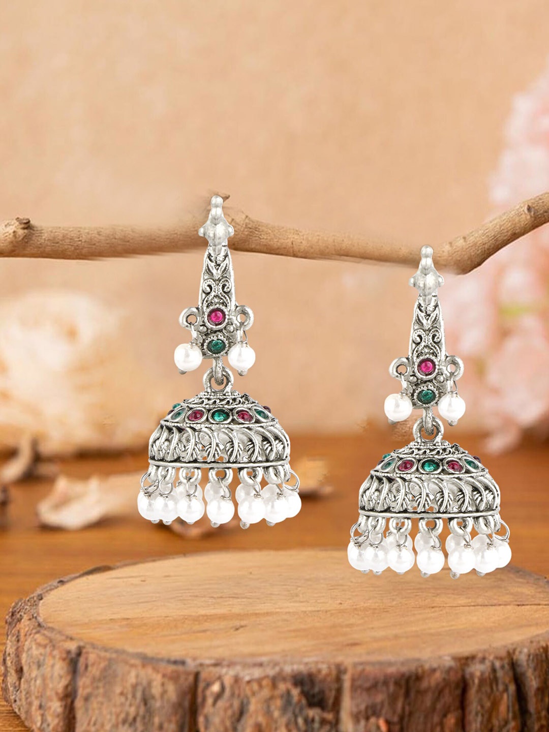 

Adwitiya Collection Silver-Plated Peacock Shaped Jhumkas