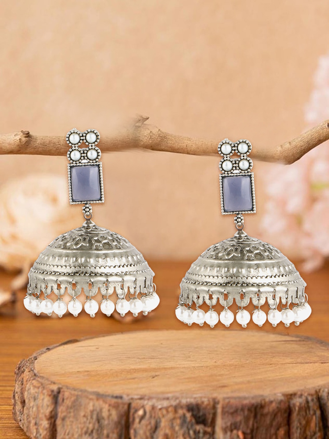 

Adwitiya Collection Silver-Plated Stone Studded & Beaded Classic Jhumkas