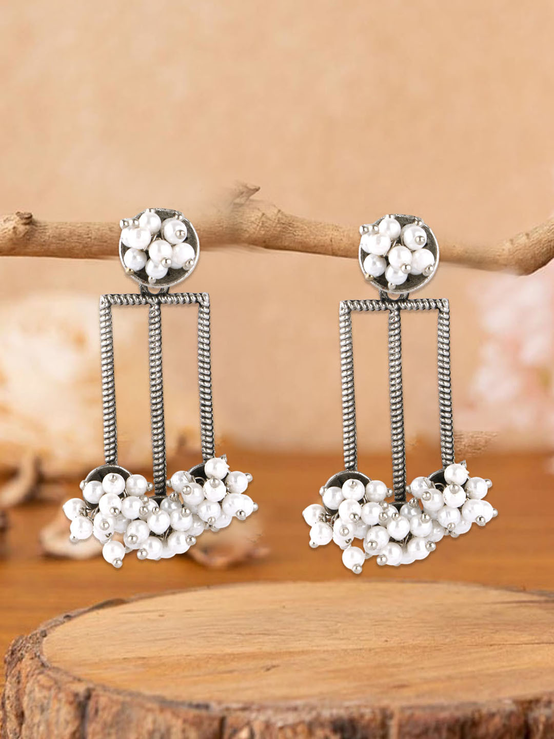 

Adwitiya Collection Silver-Plated Oxidised Geometric Drop Earrings