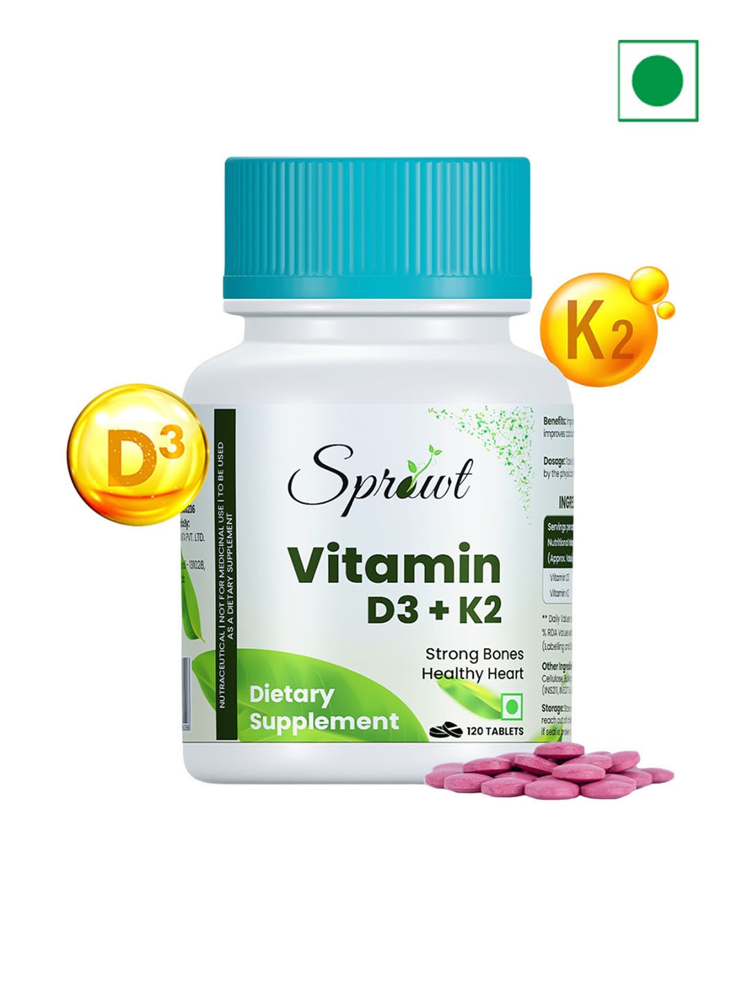 

Sprowt Strong Bones Healthy Heart Vitamin D3 + K2 Tablets - 120 Tablets, White