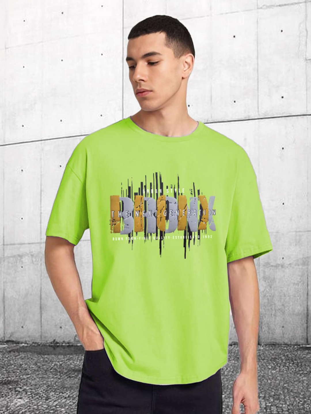 

CHKOKKO Oversized Abstract Printed Drop-Shoulder Sleeves Cotton T-shirt, Green