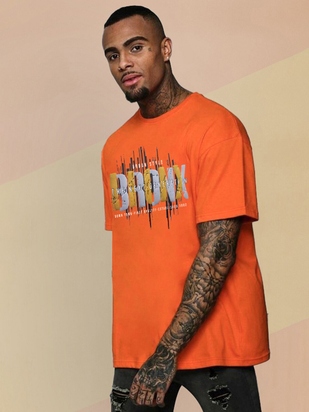 

CHKOKKO Typography Printed Drop-Shoulder Sleeves Cotton Oversized T-shirt, Orange