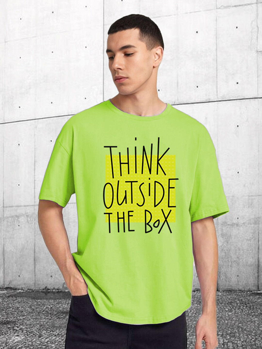 

CHKOKKO Oversized Typography Printed Drop-Shoulder Sleeves Cotton T-shirt, Green