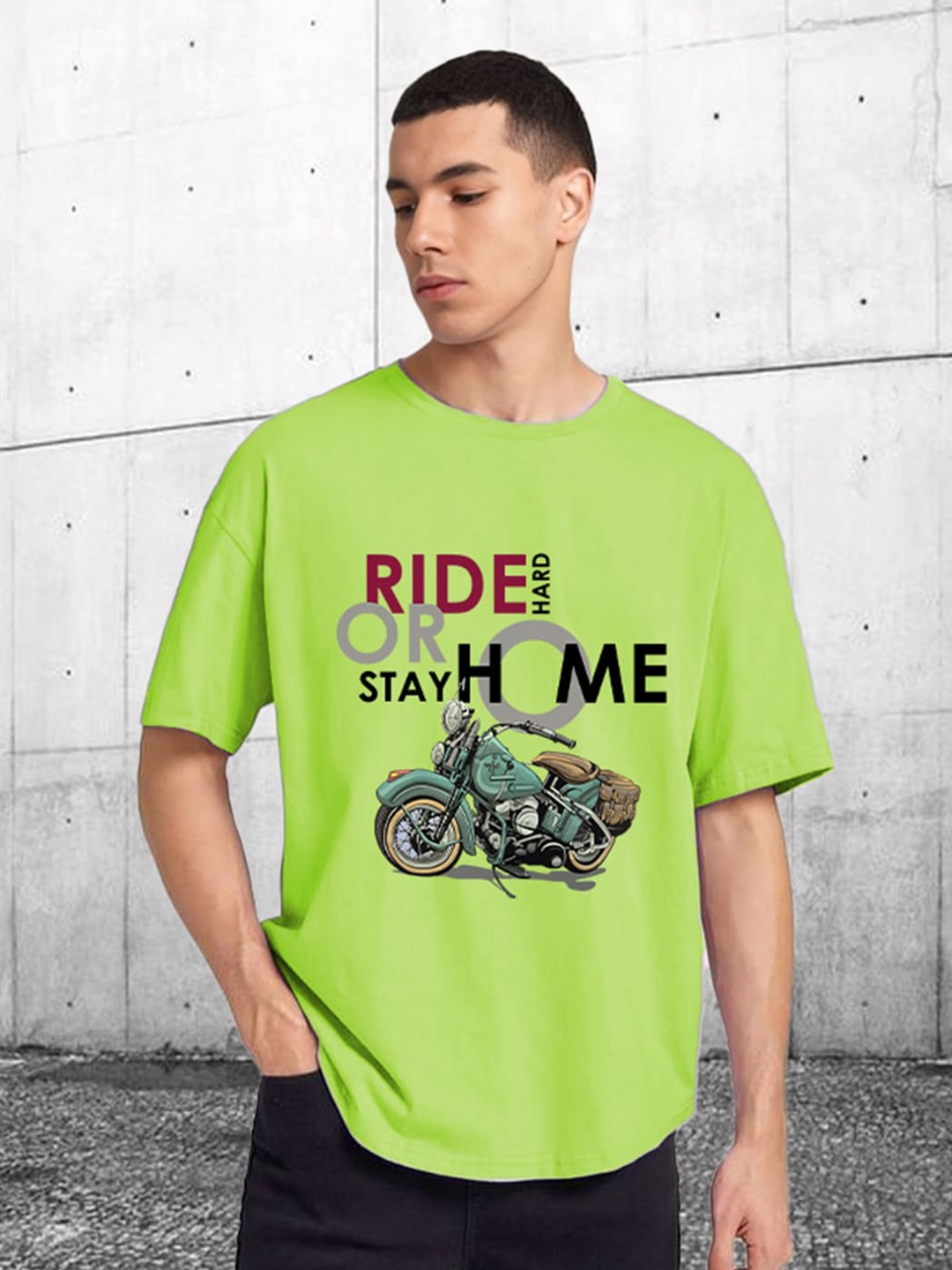 

CHKOKKO Biker Printed Round Neck Short Sleeves Cotton Oversized T-shirt, Green