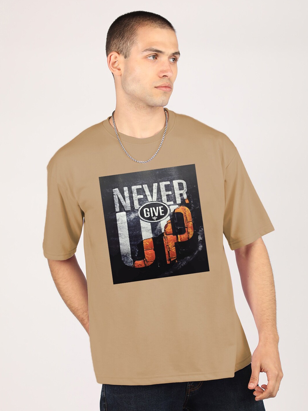 

CHKOKKO Typography Printed Round Neck Extended Sleeves Oversized Cotton Casual T-shirt, Khaki